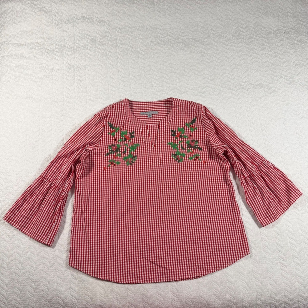 Marc‎ New York Andrew Marc Red Gingham Embroidered Bell Sleeve Top Womens XL